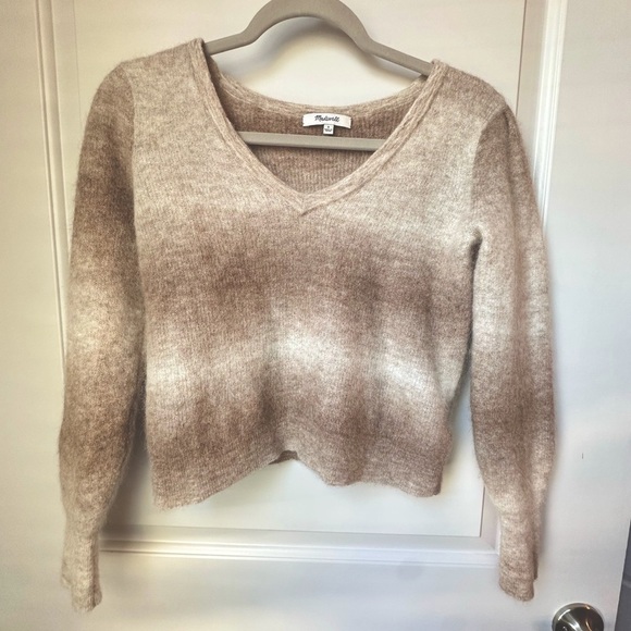 Madewell Alpaca Blend V-Neck Sweater Small Beige Ombre Fuzzy Cozy Cream Brown - Picture 1 of 6